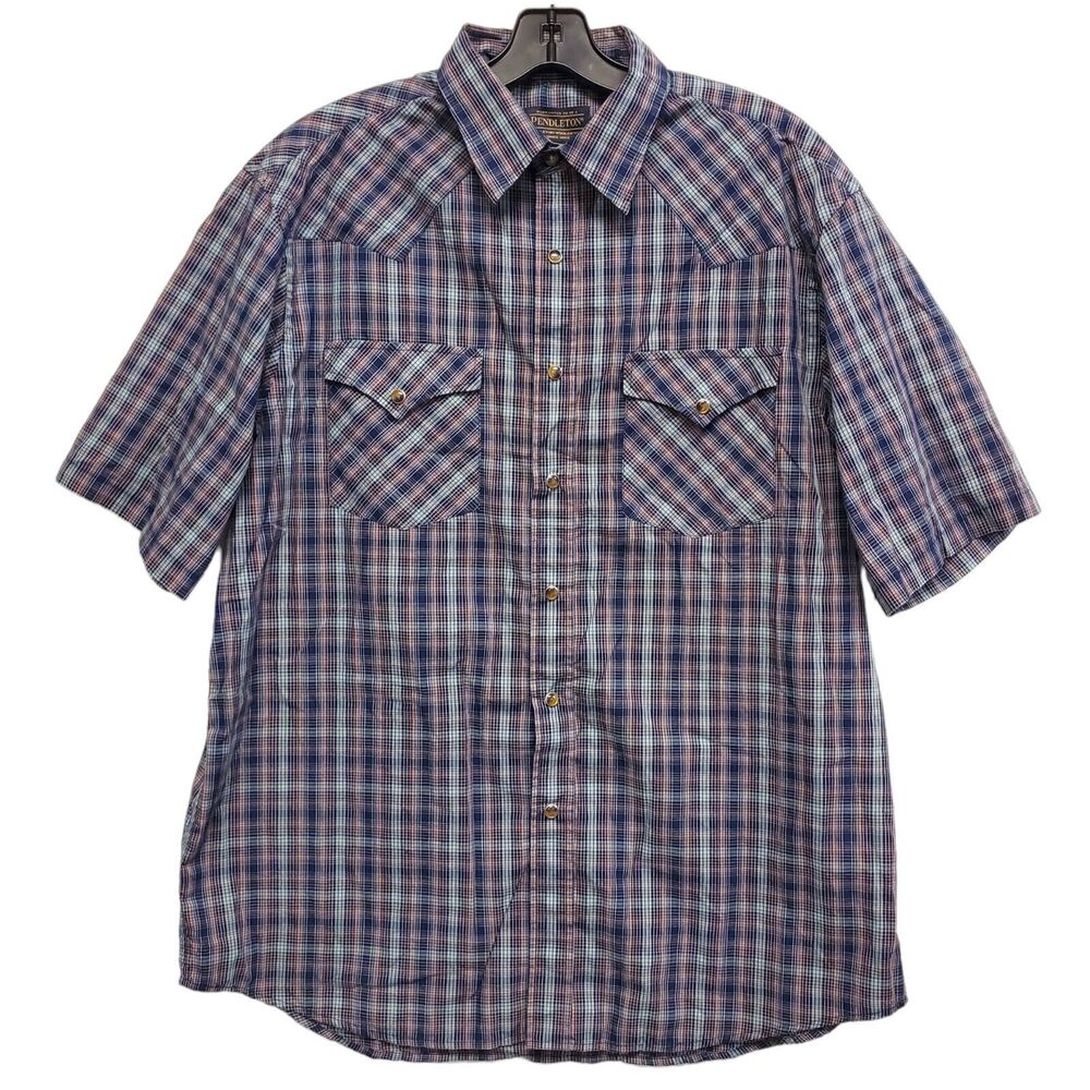 PENDLETON Shirt FRONTIER Mens Large Multicolor Tartan Plaid Pearl Snap Outdoor
